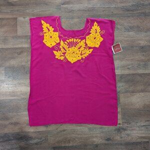 Handmade Fuchsia Pink Blouse from Oaxaca, Mexico – Yellow Embroidered Flowers,